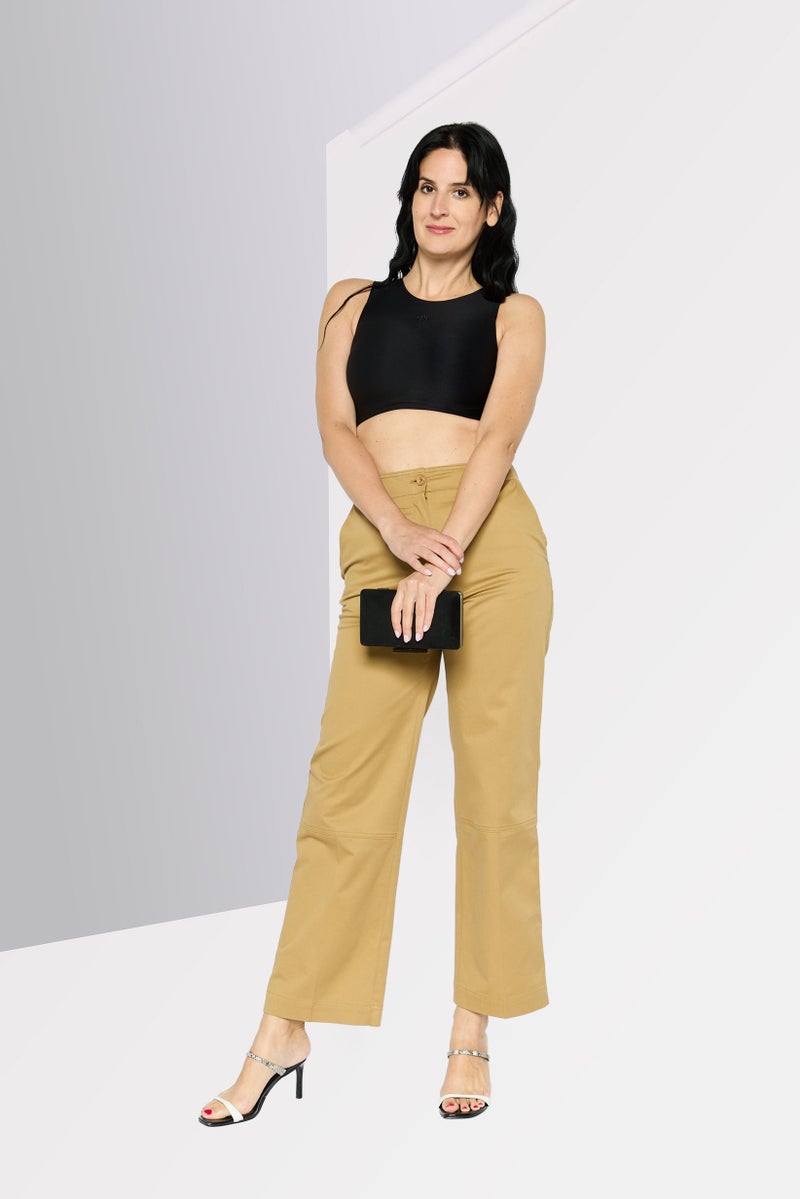 LACOSTE Women Regular Fit Straight Leg Plain Pants, Khaki - Image 2